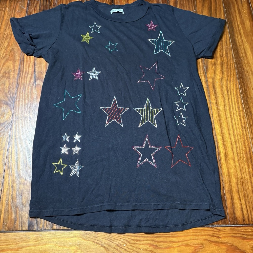 LAUREN MOSHI Crystal Stud Colorful Shining STARS Black T-Shirt S A1552